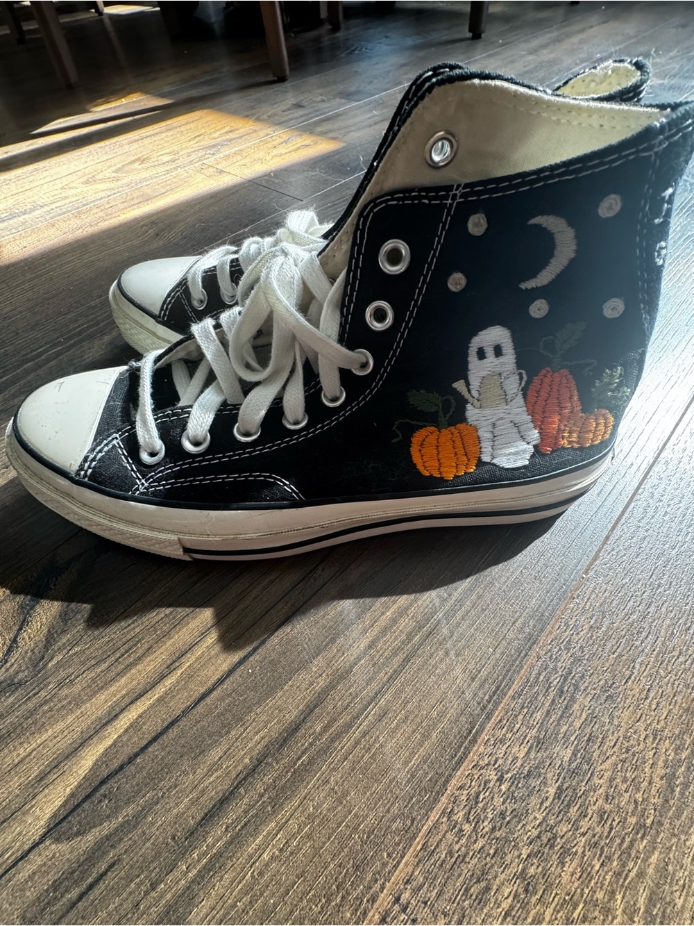 Converse Black High-Top Sneakers with Halloween Pumpkin & Ghost Embroidery